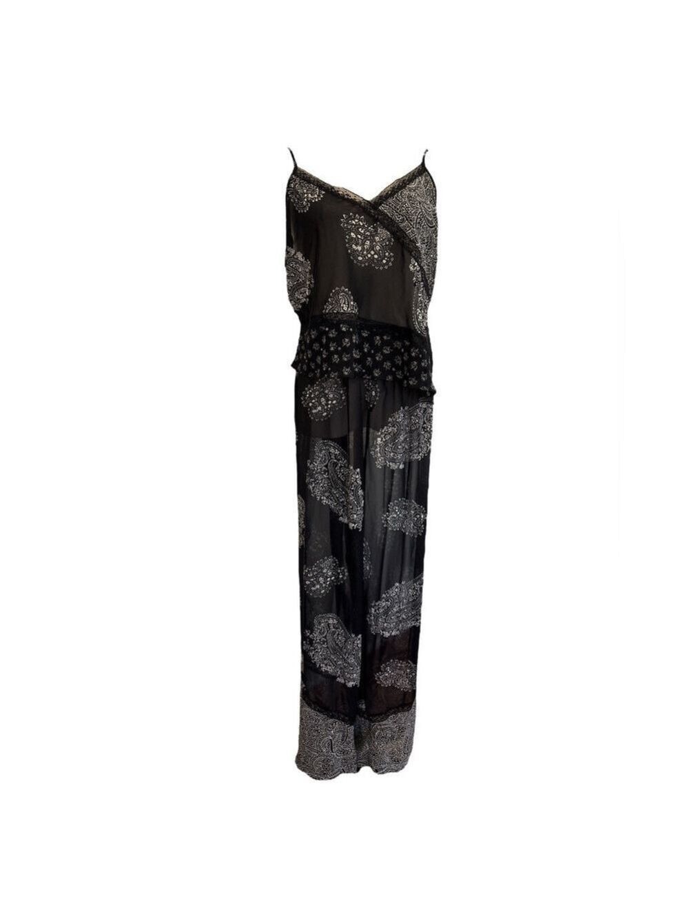 90s 2PC DELICATES BOHO SHEER BLK & CREAM PAISLEY CROP TOP & WIDE LEG PANT SZ XL - Picture 3 of 16